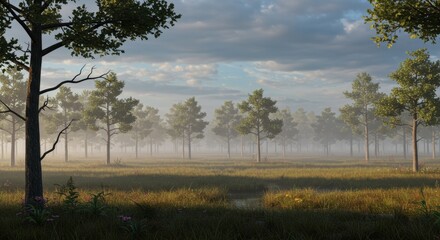 Forest landscape with trees in a grassy meadow covered in fog under a cloudy sky suitable for commercial use