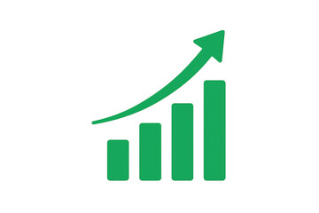 Green bar chart showing business growth and financial success, upward trend arrow indicating increasing profit and data analysis