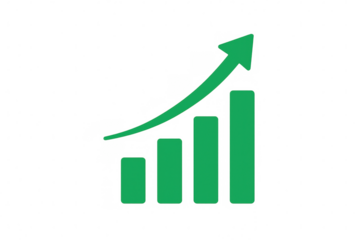 Green bar chart showing business growth and financial success, upward trend arrow indicating increasing profit and data analysis