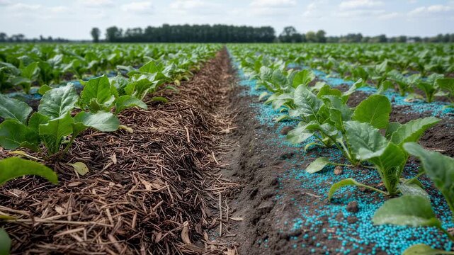 Medium shot capturing the contrast between organic mulch and synthetic fertilizer application on adjacent sugar beet rows emphasizing different fertilization methods.