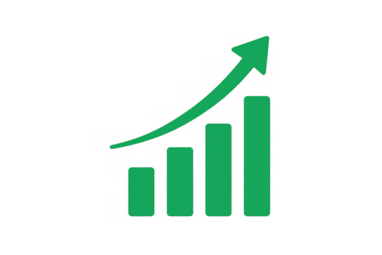 Green bar chart showing business growth and financial success, upward trend arrow indicating increasing profit and data analysis