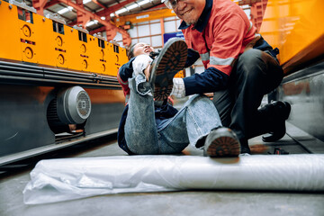 Injured employee receiving assistance from colleague in manufacturing facility after workplace...