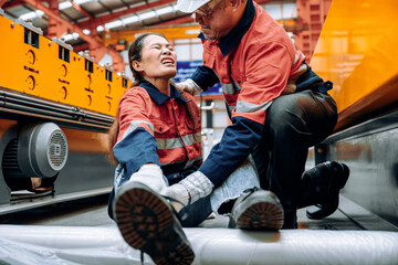 Injured employee receiving assistance from colleague in manufacturing facility after workplace...
