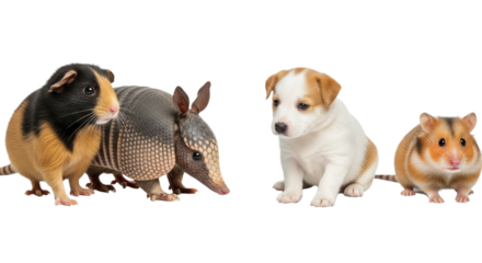 Various small animals including guinea pig, armadillo, puppy, and hamster isolated on white background, ideal for pet and wildlife themes