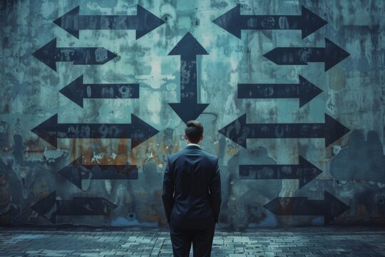 Businessman contemplating choices in front of directional arrows
