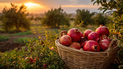 Pomegranate on tree branch, Red ripe pomegranate fruits grow on pomegranate tree in garden, Punica granatum fruit, close up of pomegranate to produce a delicious juice, Harvest concept selective focus