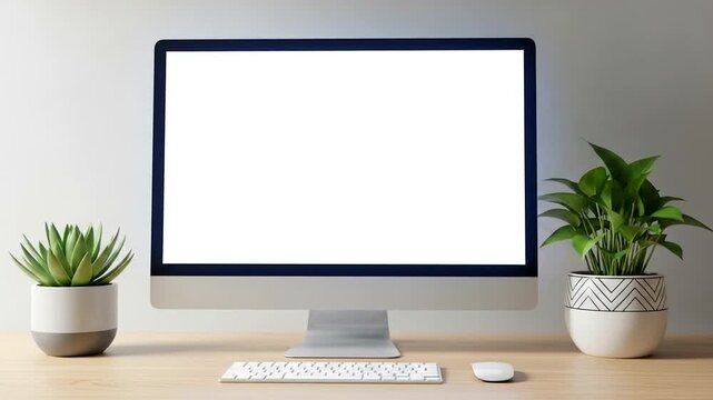 Modern workspace featuring a blank computer screen with greenery