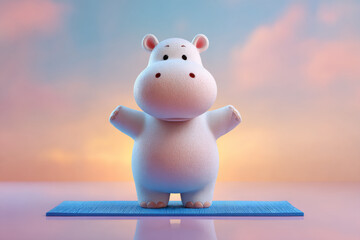 Cute smiling hippopotamus standing on blue yoga mat, showcasing joyful expression against colorful sunset background