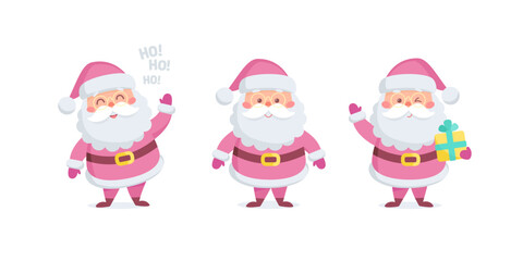 Set of Pink Santa Claus characters in trendy Flat style.   Kawaii Santa Claus Character in Pastel pink colors  style for Chrismas holidays design. Editable vector illustration
