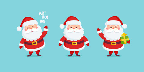 Christmas collection of Santa Claus characters in trendy Flat style. Kawaii Santa Claus Characters set in cartoon style for Chrismas holidays design. Editable vector illustration
