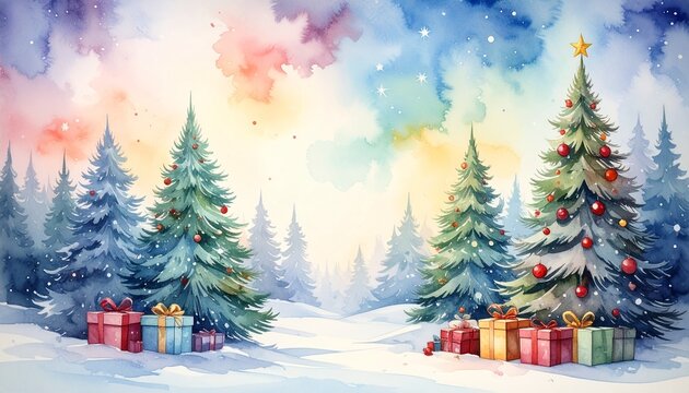 Watercolor christmas background, pine trees, gifts and stars