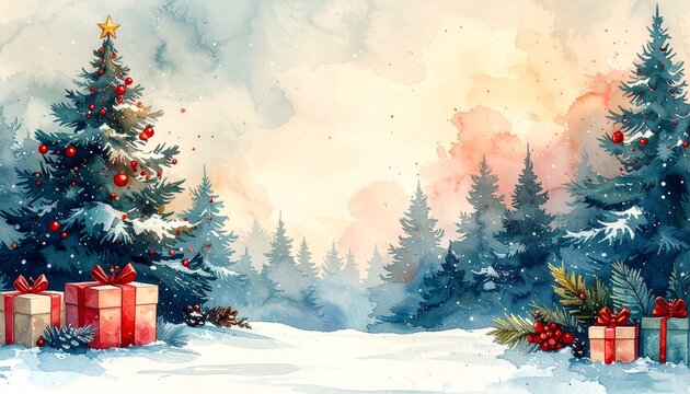 Watercolor christmas background, pine trees, gifts and stars