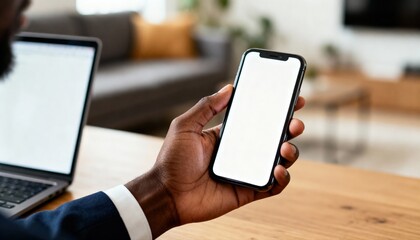 African American businessman holding smartphone with blank screen for mockup. Man working remotely at home office desk with laptop. Business technology and communication concept.