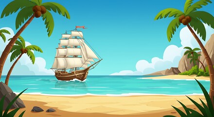 Illustration of a majestic sailing ship navigating tropical waters near a sandy beach