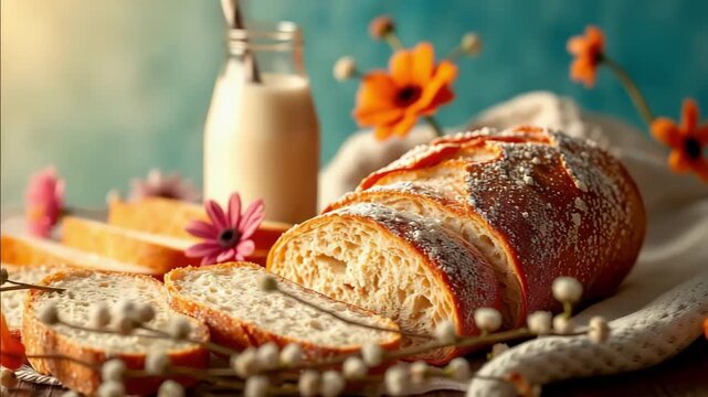 Freshly baked bread slices with milk bottle and flowers on wooden table. Powdered bread showcases soft texture with floral accents in natural light.