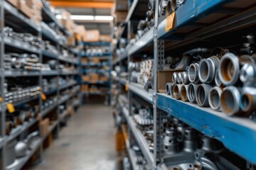 Naklejka premium Industrial warehouse filled with metal parts and tools