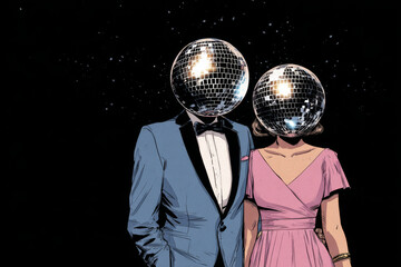 Elegant man and woman with disco ball heads, dressed in formal attire, standing together against dark background, exuding fun and whimsical vibe