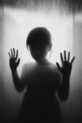 Creepy silhouette of young girl with hands raised in front of foggy glass, evoking sense of mystery and unease