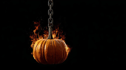 Fiery Halloween pumpkin hanging from chain creates dramatic and spooky atmosphere, perfect for festive season