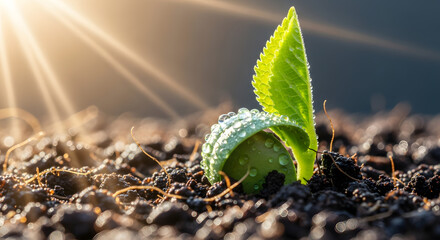 A tiny green sprout with morning dew emerges from the soil.