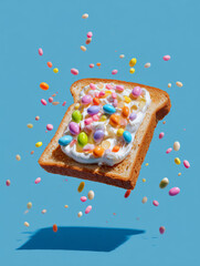 Slice of toast topped with cream and colorful candies floats against blue background, creating playful and vibrant scene