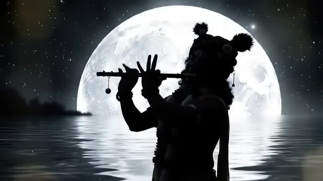 Divine figure plays flute under full moon.