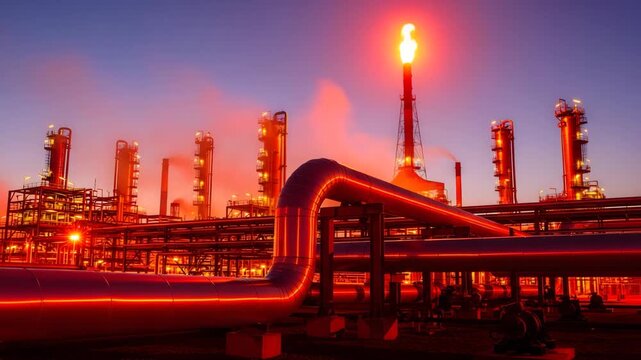 Industrial silhouette against sunset sky