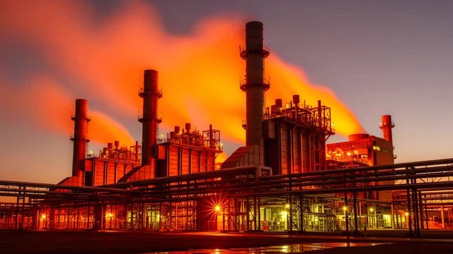 Industrial silhouette at sunset atmospheric view of factories and smokestacks
