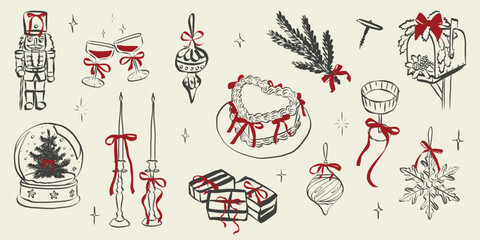 Retro doodles of Christmas party. Vintage new year icons dinner meals in chalk and crayon drawing. Xmas party elements for poster and greeting cards. Hand drawn holiday vector illustration