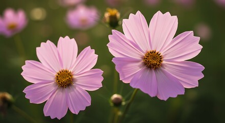 Obraz premium Two beautiful pink cosmos flowers in full bloom, natures delicate beauty.