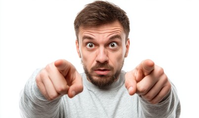 Fototapeta premium Man pointing fingers directly at the viewer with a surprised expression.
