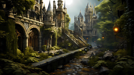 Naklejka premium ancient castle overgrown by an enchanted forest