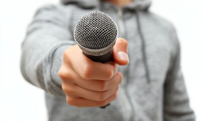 Person in a gray hoodie holding a microphone towards the viewer.