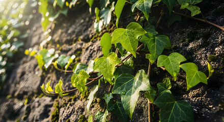 Ivy Vines Climbing on a Textured Surface in Sunlight.