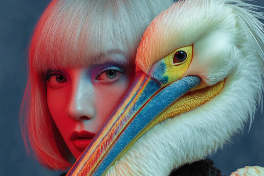 Portrait of a person with bold avant garde makeup beside a close up pelican beak, vibrant lighting, dramatic colors, striking contrast, fashion inspired creature portrait.