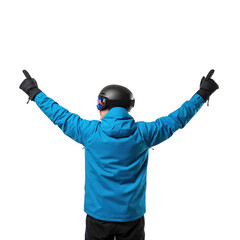 Adult male skier or snowboarder in blue jacket and helmet with goggles, arms raised pointing upwards, isolated on transparent background.