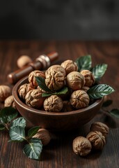 Fototapeta premium Wooden bowl of walnuts with nutcracker and green leaves on a wooden table nutcrackers holiday decoration christmas toy festive ornament