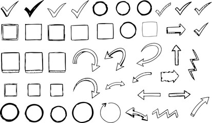 Collection of hand-drawn check marks, circles, squares, arrows, and other graphic elements.
