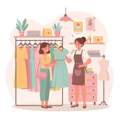 Fashion boutique illustration with happy customer choosing stylish dress in pastel clothing shop