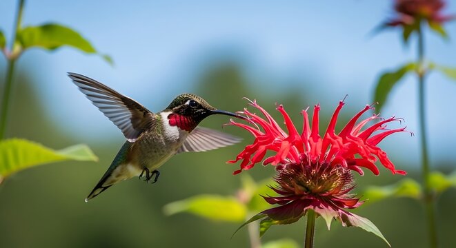 Ruby-throated Hummingbird Feeding on a Red Bee Balm Flower.