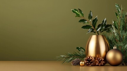 Elegant Gold Vase with Greenery and Holiday Accents on Tabletop