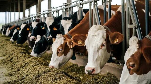 Cows Feeding in a Modern Barn with Natural Light and Farm Equipment