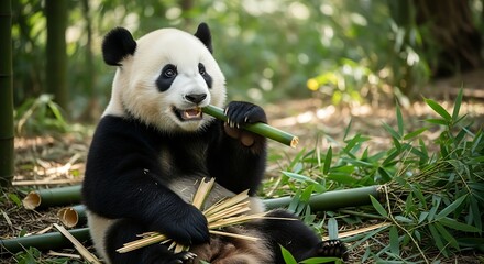 Fototapeta premium Giant panda eating bamboo in a forest setting, looking at the camera.