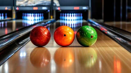 Colorful Bowling Balls on Lane with Pins in Background