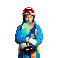 Young boy snowboarder wearing helmet and goggles, holding a colorful snowboard, ready for winter sports.