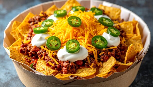 Tex-Mex Frito pie with crunchy Fritos topped with chili, shredded cheddar, jalape&ntilde;os, and sour cream in a paper food tray.