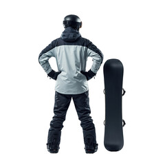 Rear view of a person dressed in winter sports gear, including a helmet and goggles, standing next to a black snowboard on a transparent background, ready for winter activities.