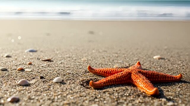 Vibrant orange starfish resting on sandy beach with gentle waves in background (2)