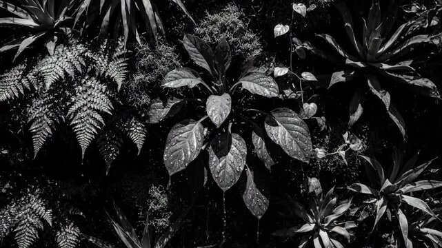 Monochrome foliage composition featuring ferns and other lush plants