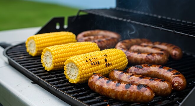 Sizzling summer barbecue showcasing corn on the cob and grilled sausages